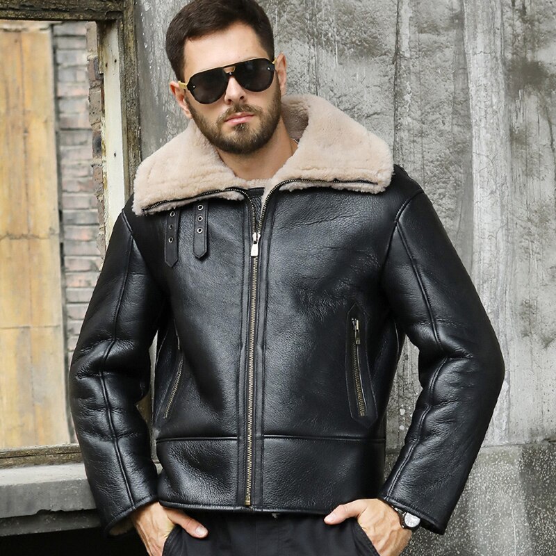 새로운 시어링 코트 남성 B3 폭격기 재킷 짧은 모피 코트 블랙 가죽 자켓 천연 양피 코트 남성 겨울 코트